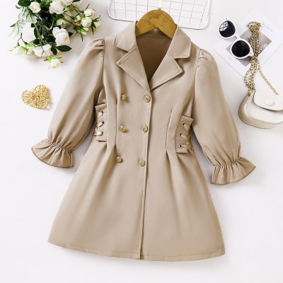 Toddler Girl Solid Color Lapel Poet Sleeve Double-breasted Button Front Long Sleeve Dress