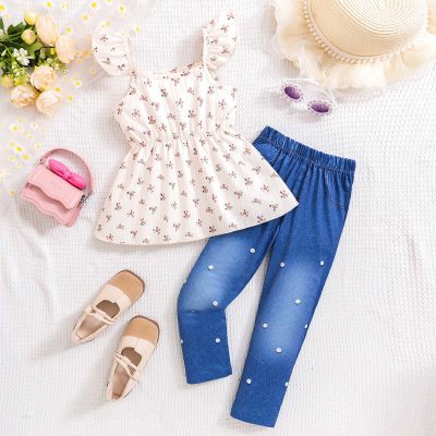 Girls Casual Ladies Woven Floral Printed Pleated Top and Faux Denim Printed Pants Set Spring Summer