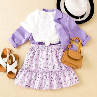 Toddler Girl Solid T-shirt & Solid Blazer & Floral Skirt