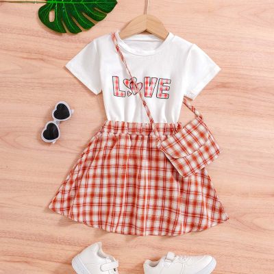 Girls' casual vacation love knitted embroidered round neck T-shirt and plaid skirt with bag set spring and summer