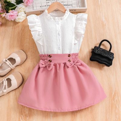 Girls' Holiday Lady Romantic Lace Neckline and Cuffs Shirt + Solid Color Bowknot Short Skirt