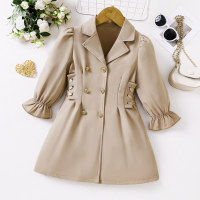 Toddler Girl Solid Color Lapel Poet Sleeve Double-breasted Button Front Long Sleeve Dress  Apricot