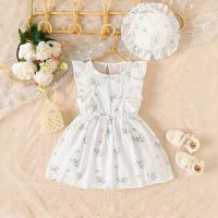 Vestido floral infantil para meninas, vestido de verão da moda, novo vestido de princesa sem mangas jacquard com capuz  Branco