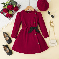 2-piece Toddler Girl Solid Color Bowknot Decor Button-up Long Sleeve Dress & Matching Beret  Red