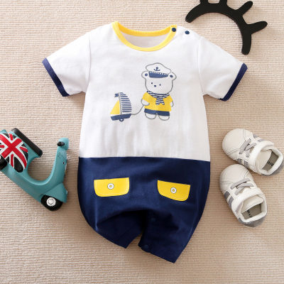 Baby Boy Pure Cotton Color-block Bear Printed Short-sleeved Short-leg Romper