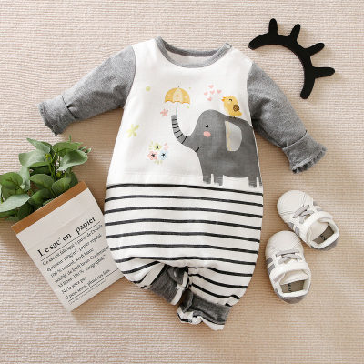 Baby Striped Elephant Printed  Patchwork Long-sleeved Long-leg Romper