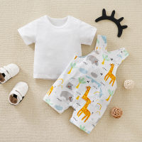 Baby T-shirt & Animal Pattern Overalls  White