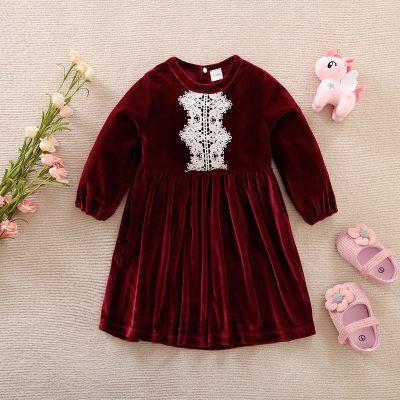 Baby Girl Solid Color Lace Embroidered Long Sleeve Dress
