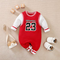 Baby Preppy Style Color-block Long-sleeved Long-leg Romper  Red