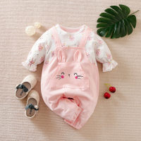 Baby Color-block Rabbit Printed Long-sleeved Long-leg Romper  Pink