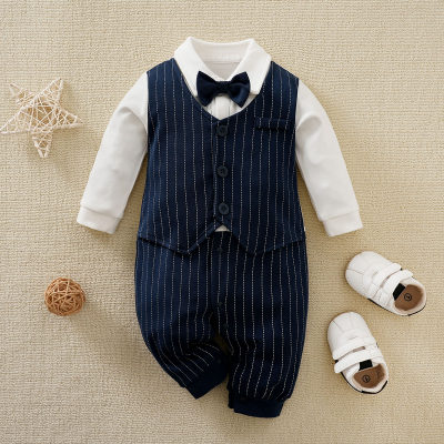 Baby Boy Gentleman Striped Bowknot Decor 2 In 1 Polo Jumpsuit