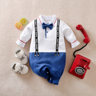 Baby Boy 100% Cotton Color-block Shirt Style Bowtie Decor Long-sleeved Long-leg Romper
