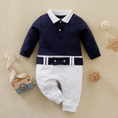 Baby Boy Gentleman Color-block Long-sleeve Polo Jumpsuit