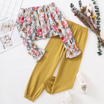 Kid Floral Slash Neck Blouse & Solid Color Pants