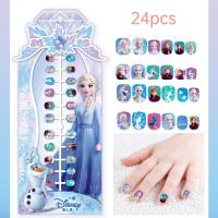 24 piezas de uñas usables de princesa de hielo, parches de decoración de uñas de joyería para niños, uñas postizas removibles  Azul