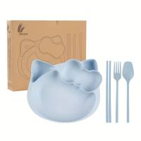 Kindergeschirrset aus Weizenstroh, Teller mit Nahrungsergänzungsmitteln für Babys, Cartoon-Schüsseln und Essstäbchen, bedrucktes Kindergeschenk-Logo  Blau