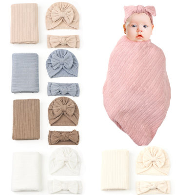 3 piezas Nwe Born Baby Color sólido Wrap Warm Blanket & Infant Hat & Bowknot Headwrap