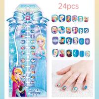 24 piezas de uñas usables de princesa de hielo, parches de decoración de uñas de joyería para niños, uñas postizas removibles  Multicolor