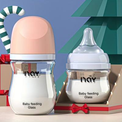زجاجة أطفال زجاجية للأطفال حديثي الولادة ذات فم واسع لمنع انتفاخ البطن والاختناق