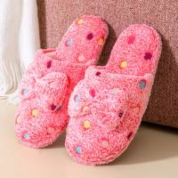 Zapatillas de algodón cálidas para el hogar con lazo de lunares para otoño e invierno, zapatillas de algodón con suelo de madera para interiores de estilo coreano para mujer  Rosa caliente