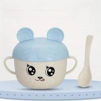 Ensemble de vaisselle pour enfants en paille de blé, bol d'alimentation pour bébé de la maternelle, cuillère, ensemble de deux pièces  Bleu