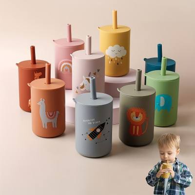 Newborn baby milk cup learning drinking cup cartoon animal water cup children's straw cup drinking milk silicone food supplement cup