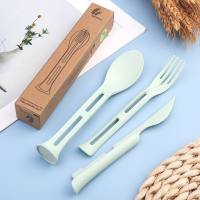 A Wheat straw Nordic style children's knife, fork and spoon three-in-one portable tableware set  Green