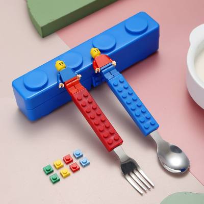 Stainless Funny Fork Spoon Set, Building Block Toys, Cartoon Steel Tableware, Portable Storage Jigsaw Puzzle Toys