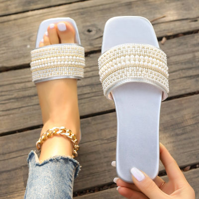 Xiaoxiangfeng slippers for women's outer wear square toe pearl flat slippers