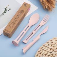 A Wheat straw Nordic style children's knife, fork and spoon three-in-one portable tableware set  Pink