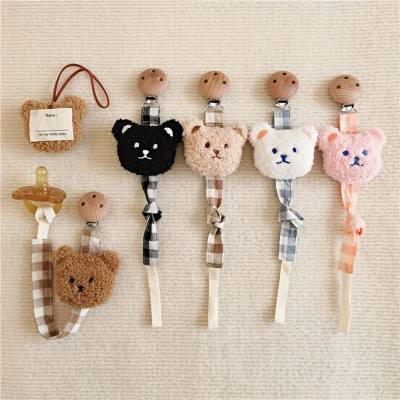 Chupete de bebé de madera con cabeza de oso de estilo coreano, clip anticaída, cadena para chupete de bebé, mordedor, cuerda antipérdida