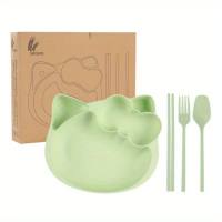 Wheat straw children's tableware set, baby food supplement plate, cartoon bowls and chopsticks, children's gift printed logo  Green