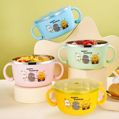 Children's cartoon double-ear bowl stainless steel baby food soup bowl handle with lid heat insulation and anti-fall baby eating bowl