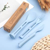 A Wheat straw Nordic style children's knife, fork and spoon three-in-one portable tableware set  Blue