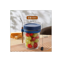 Overnight oatmeal cup glass with lid and spoon  Blue