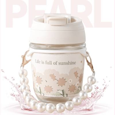 High-looking glass cup printed pearl cup gift straw cup portable water cup coffee double drinking cup souvenir cup