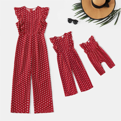 Wave Point Print Round Collar Ruffle Sleeves Jumpsuit for Mom and Me
