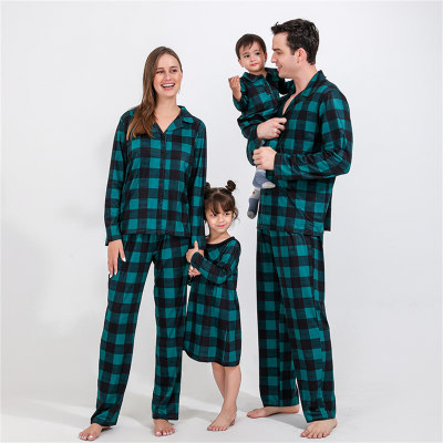 Family Matching Christmas Plaid Button-up Long Sleeve Top & Plaid Pants & Plaid Long Sleeve Nightgown Pajama Set