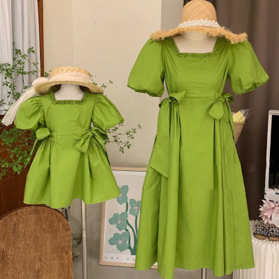 Elegant Solid Color Puff Sleeve Dress for Mom and Me