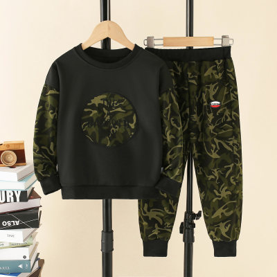 2-piece Kid Boy Camouflage Patchwork Sweatshirt & Allover Camouflage Pants