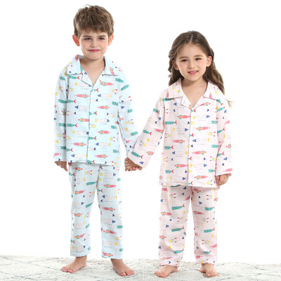 Brother and Sister Allover Cartoon Pattern Button-up Long Sleeve Top & Matching Pants Pajama Set