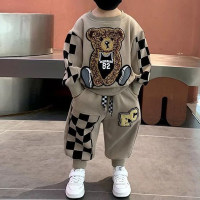 2-piece Kid Boy Color-block Patchwork Bear Printed Sweatshirt & Pants  Gray