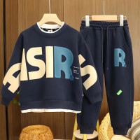 Abito autunnale da ragazzo, maglione con lettera stampata per bambini, abito a due pezzi con tendenza in rete sportiva primaverile e autunnale  Blu navy