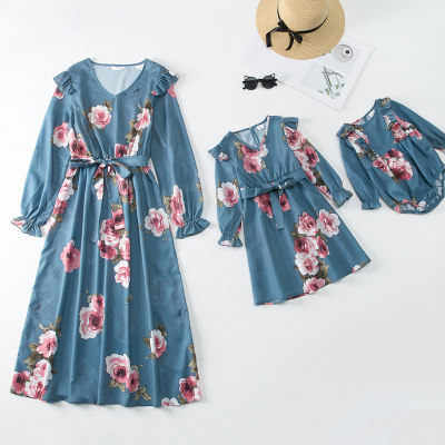 Floral Print V-neck Long Sleeve Dress for Mom and Me