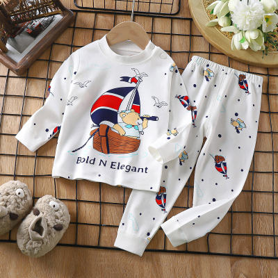 2-piece Toddler Boy Pure Cotton Letter and Boat Printed Long Sleeve Top & Matching Pants