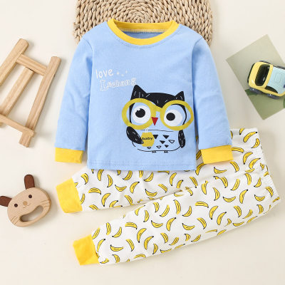 2-piece Toddler Boy Fashion Cartoon Owl Pattern Printed Long Sleeve Top & Matching Pants