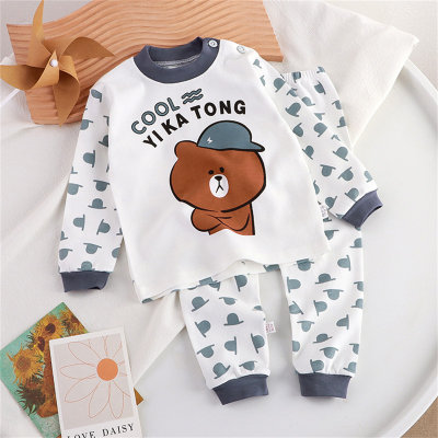2-teiliges Langarmshirt mit Cartoon-Bärenmuster für Kleinkinder und Jungen mit Aufdruck und passender Hose