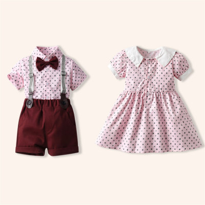 Wave Point Print Short Sleeve Dress & Blouse and Shorts Suit for Brother and Sister