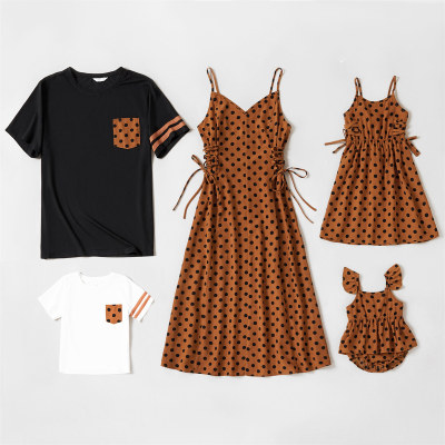 Family Matching Wave Point Print Sleeveless Dresses and T-shirts Sets