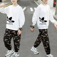 Children's clothing boys spring and autumn sports suit children's sweater camouflage pants two-piece suit medium and large children  White